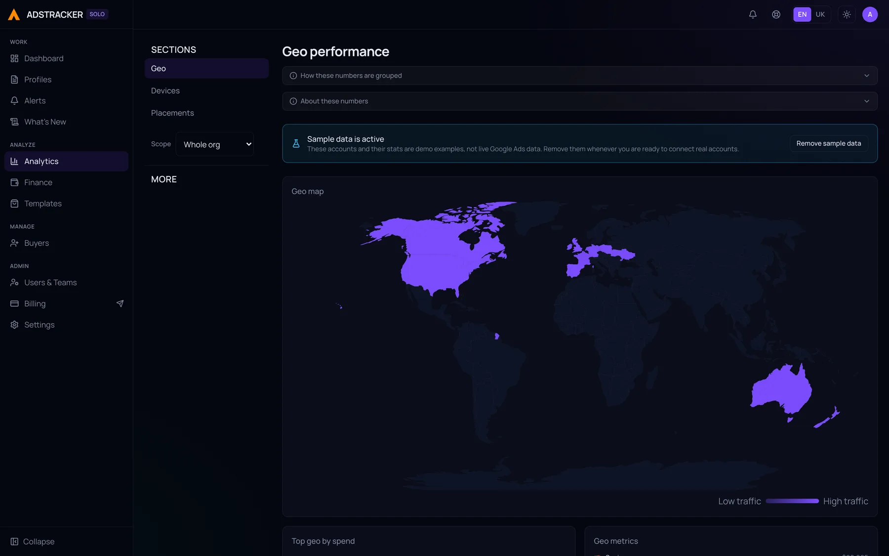 The geo analytics view with a world map and a table of top countries by spend