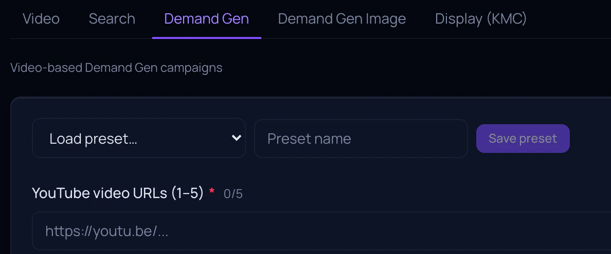 Autolaunch in AdsTracker: tabs for the five campaign types with Demand Gen selected, a preset row, and the YouTube video URL field