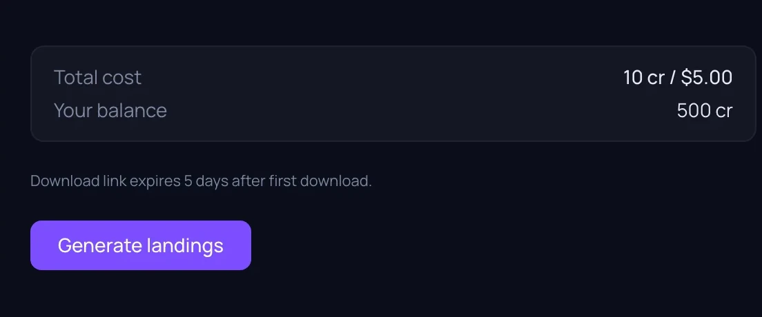 The foot of the order form in AdsTracker: the total cost in credits and in dollars beside the credit balance, and the Generate landings button