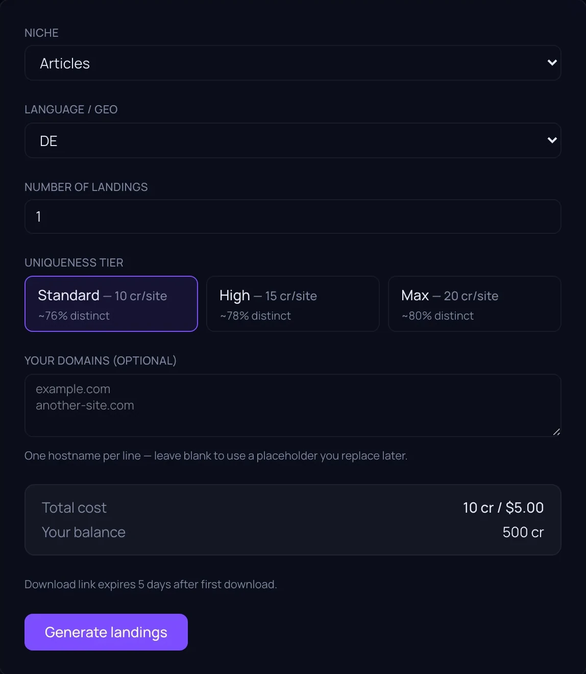 Форма замовлення Генерації в AdsTracker: ніша, мова та GEO, кількість лендінгів, три рівні унікальності з ціною в кредитах і підсумок проти балансу кредитів.