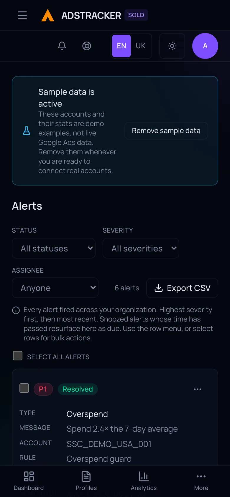 The alert inbox on a phone, in the installed app
